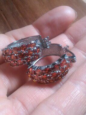 Simulated Garnet Color Diamond Stainless Steel Hoop Earrings